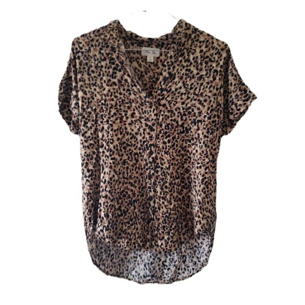 Per Se Brown Patterned Button Down Short Sleeve Blouse